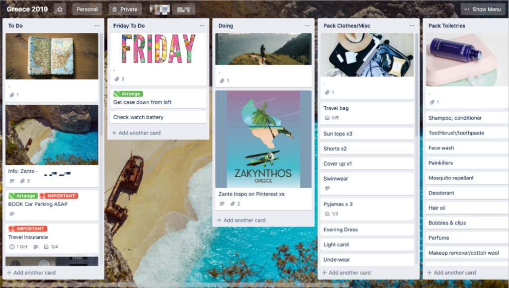 Greece Trip Planning in Trello App