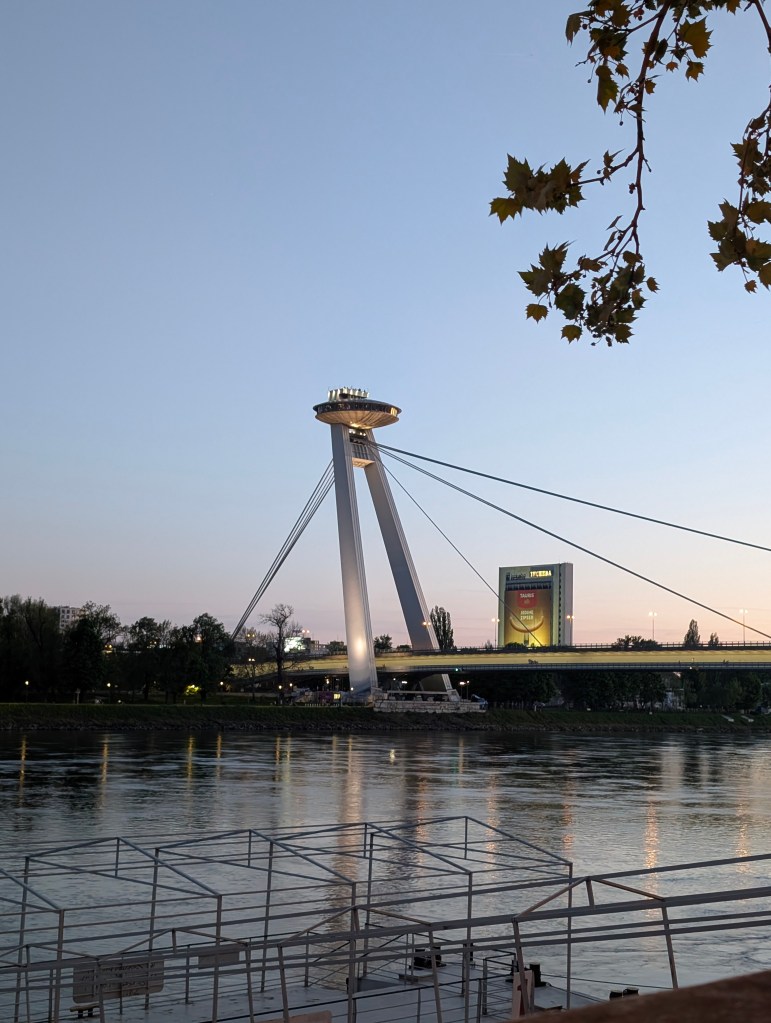 Bratislava UFO bridge at sunset