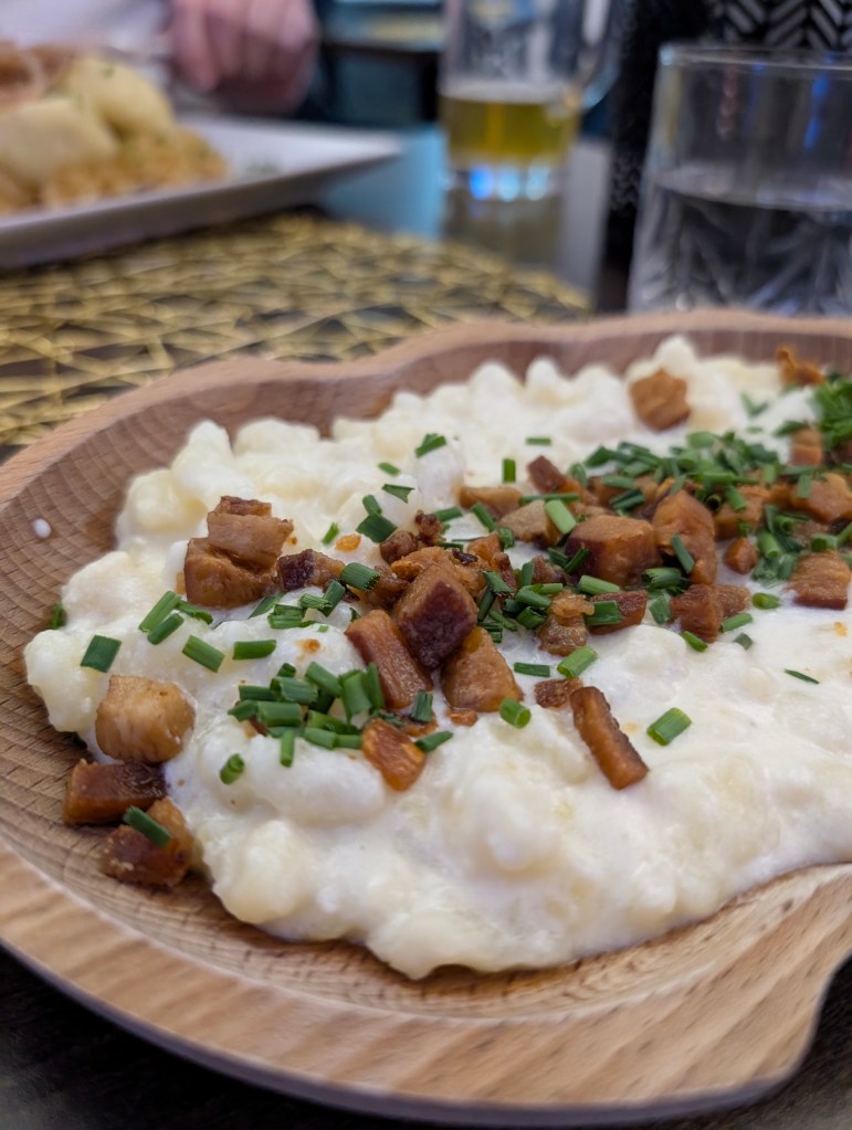Slovakian goats cheese dumplins with bacon in Bratislava Slovakia
